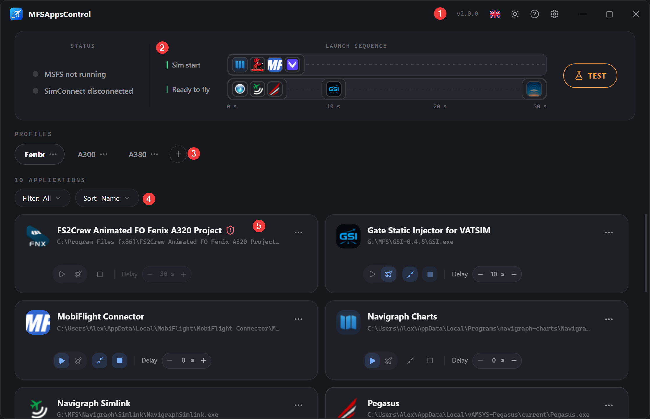 The MFSAppsControl main screen