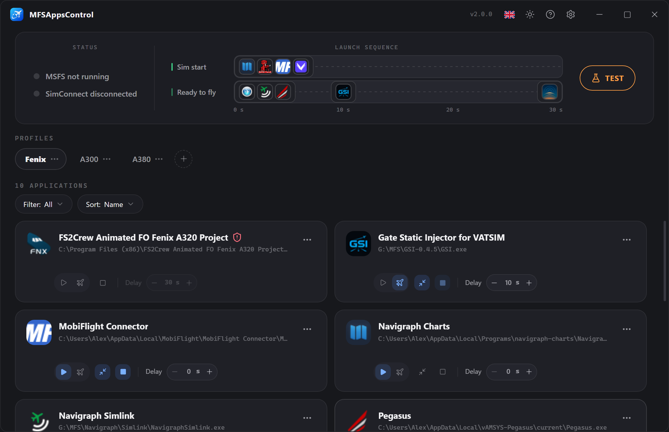 The MFSAppsControl main screen
